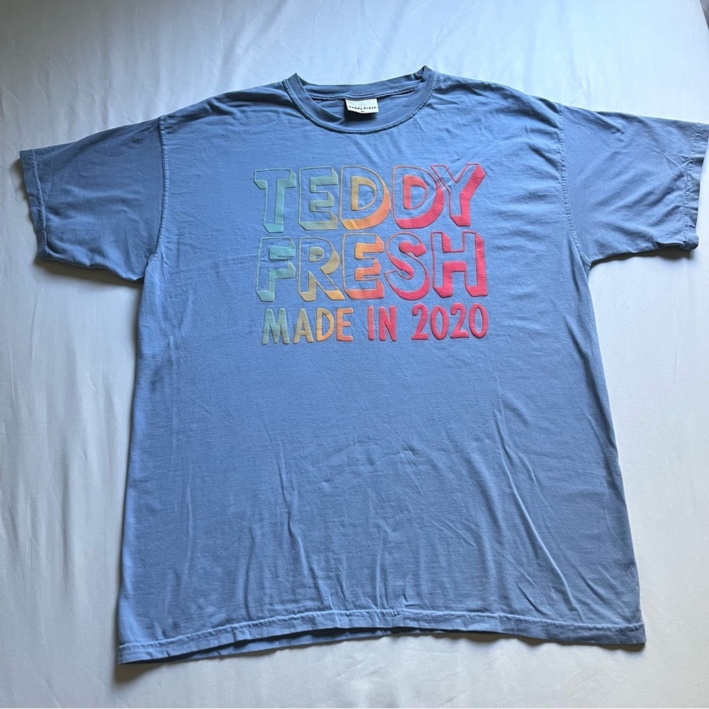TEDDY FRESH logo graphic crew neck blue knit short sleeve T-shirt